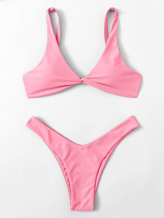 Swim Basics Twist Front High Cut Bikini Swimsuit