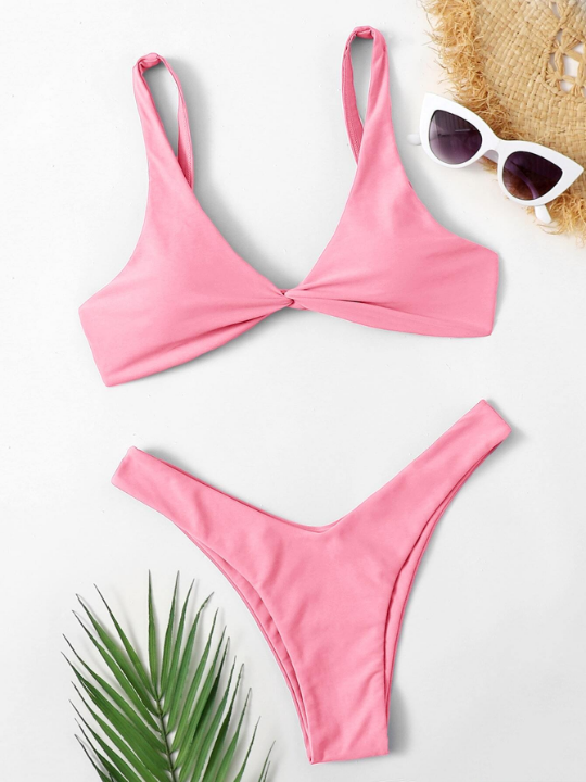 Swim Basics Twist Front High Cut Bikini Swimsuit