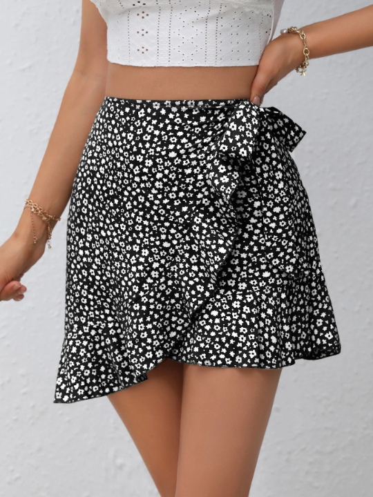 WYWH Ditsy Floral Print Knot Side Wrap Skort