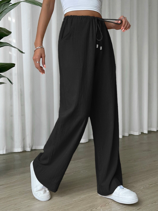 EZwear Linen Drawstring Waist Slant Pocket Wide Leg Pants