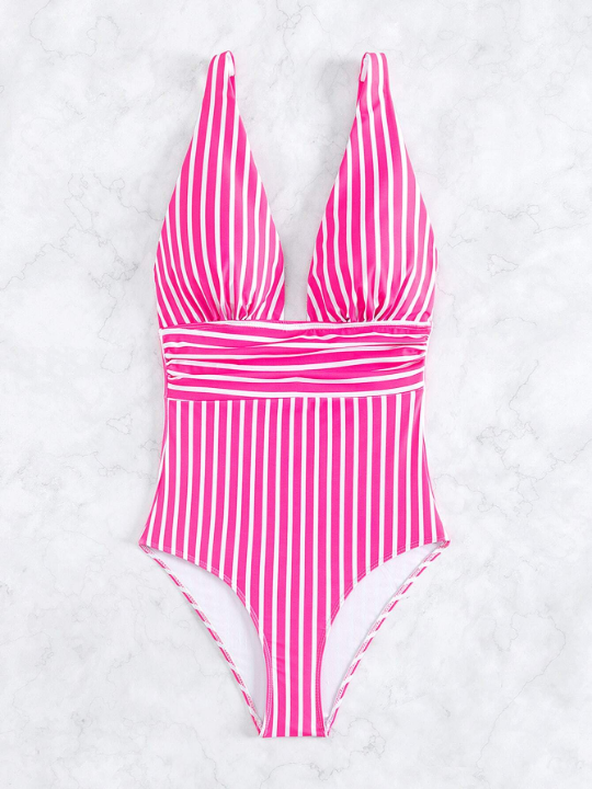 Swim Vcay Striped Ruched Plunging One Piece Swimsuit