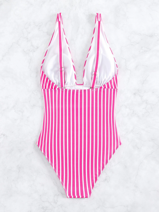 Swim Vcay Striped Ruched Plunging One Piece Swimsuit