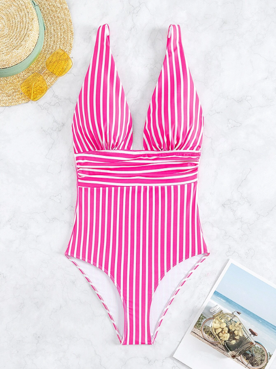 Swim Vcay Striped Ruched Plunging One Piece Swimsuit