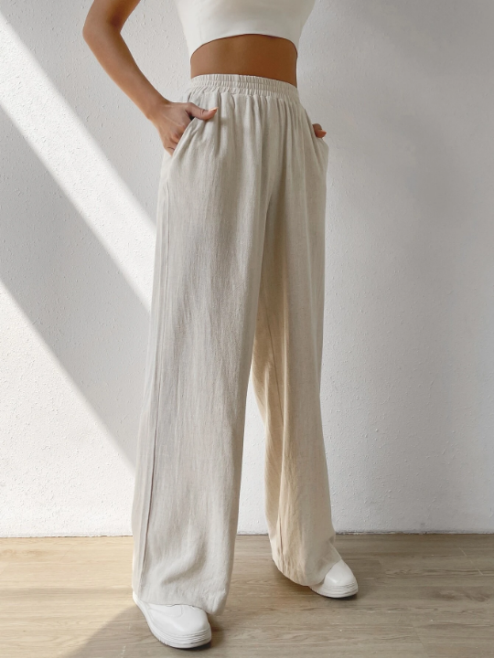 EZwear Solid Slant Pocket Linen Wide Leg Pants