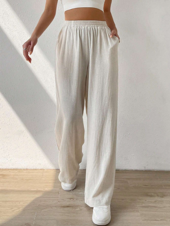 EZwear Solid Slant Pocket Linen Wide Leg Pants