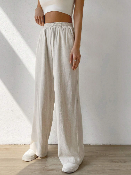 EZwear Solid Slant Pocket Linen Wide Leg Pants