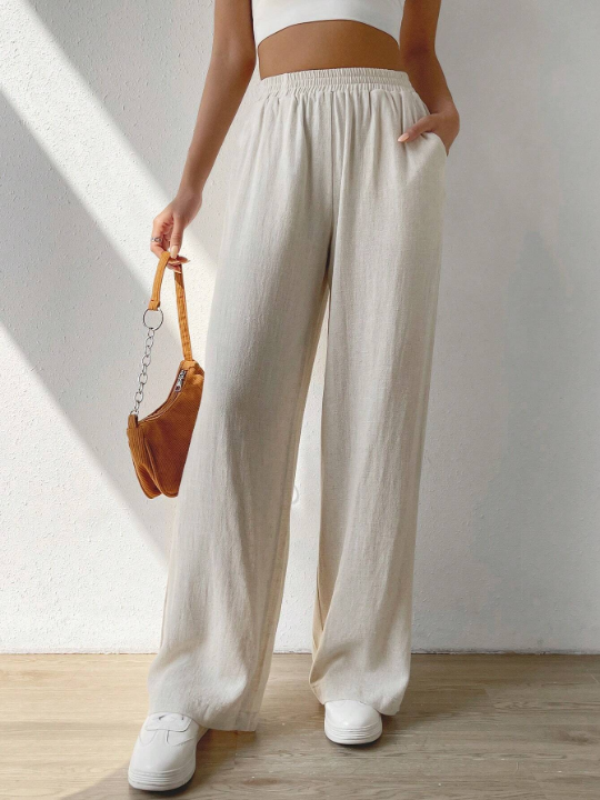 EZwear Solid Slant Pocket Linen Wide Leg Pants