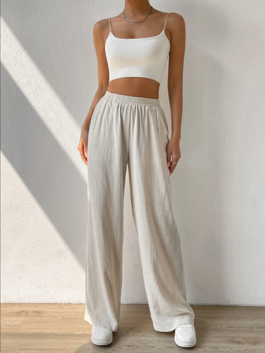 EZwear Solid Slant Pocket Linen Wide Leg Pants