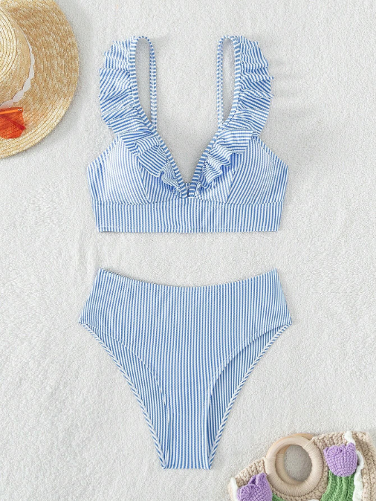 Swim Vcay Striped Ruffle Trim Bikini Swimsuit