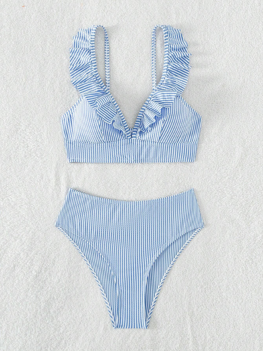 Swim Vcay Striped Ruffle Trim Bikini Swimsuit