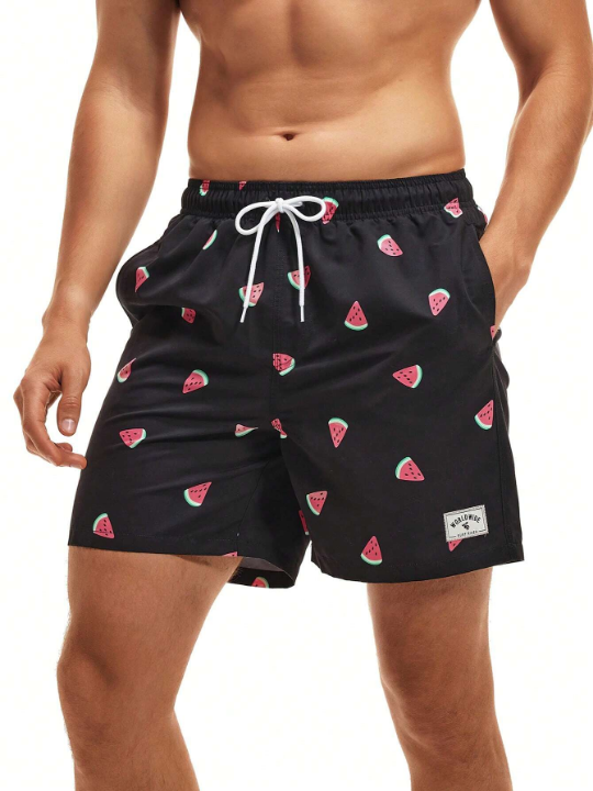 Manfinity Swimmode Men Watermelon Print Drawstring Waist Swim Trunks