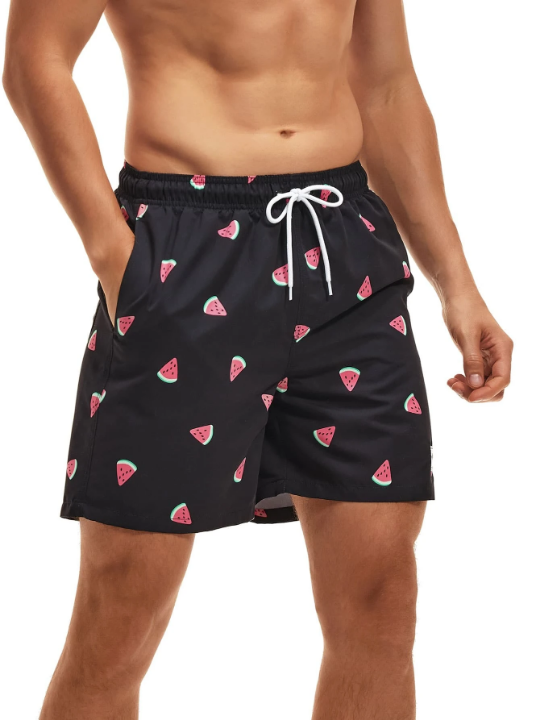 Manfinity Swimmode Men Watermelon Print Drawstring Waist Swim Trunks