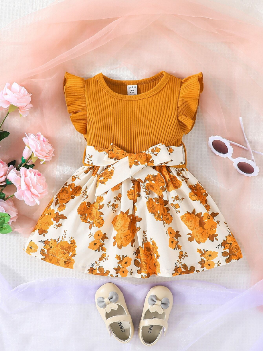 Baby Girl Floral Print Ruffle Trim Dress