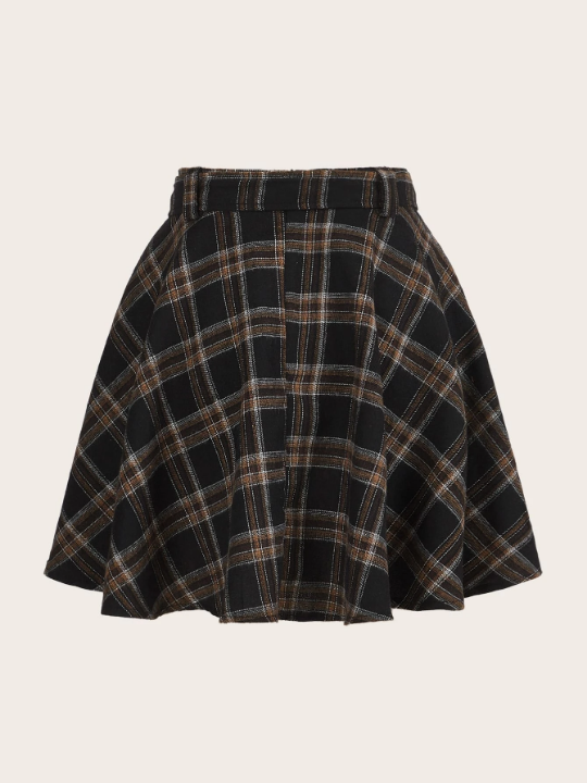 ROMWE Kawaii Plaid Print Belted Flare Skirt