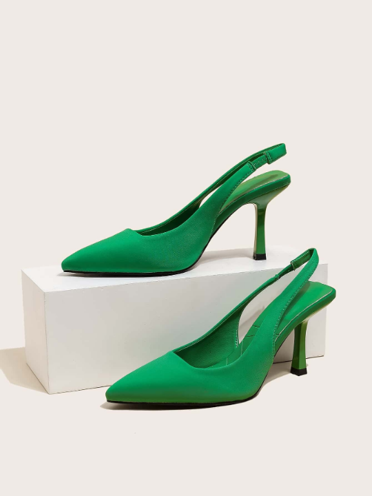 Women's Pointed Toe Green Slip-On Stiletto High Heel Shoes With Breathable Cut-Out Design And Buckled Strap For Summer