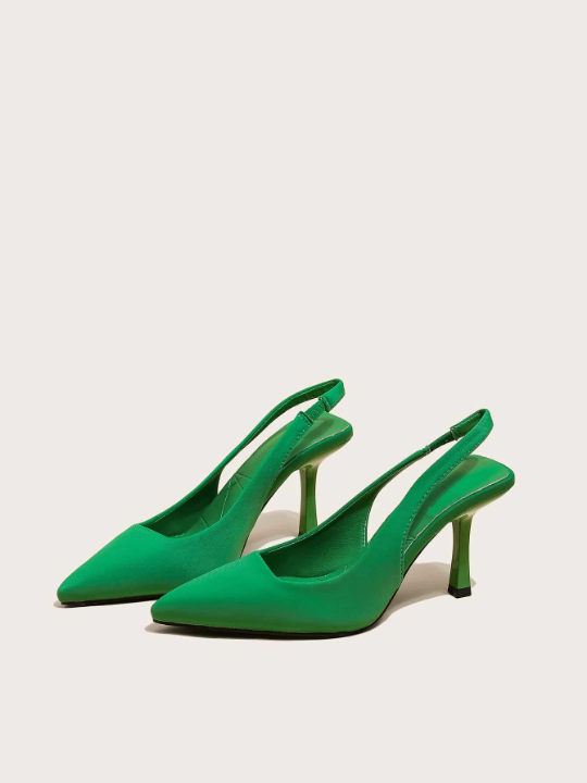 Women's Pointed Toe Green Slip-On Stiletto High Heel Shoes With Breathable Cut-Out Design And Buckled Strap For Summer