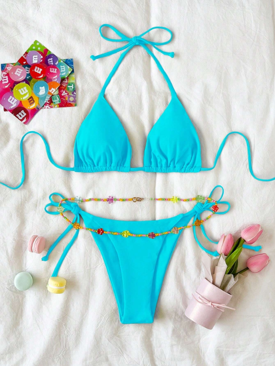 Swim Vcay Cute Bikini Set Tie Back Triangle Bra & Tie Side Bottom & Detachable Beaded Belt 3 Piece Bathing Suit