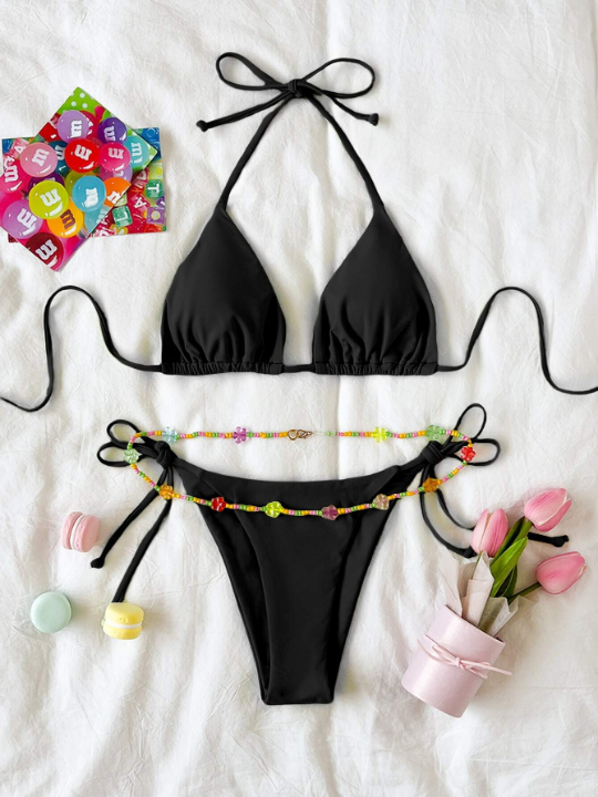 Cute Bikini Set Tie Back Triangle Bra & Tie Side Bottom & Detachable Beaded Belt 3 Piece Bathing Suit