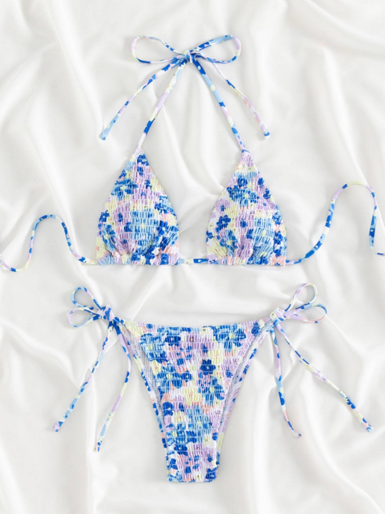 Random Floral Print Bikini Set Smocked Halter Triangle Bra Top & Tie Side Bikini Bottom 2 Piece Swimsuit