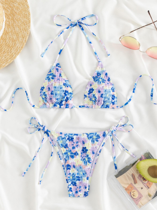 Random Floral Print Bikini Set Smocked Halter Triangle Bra Top & Tie Side Bikini Bottom 2 Piece Swimsuit