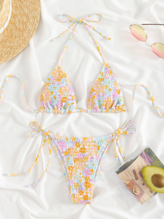 Random Floral Print Bikini Set Smocked Halter Triangle Bra Top & Tie Side Bikini Bottom 2 Piece Swimsuit