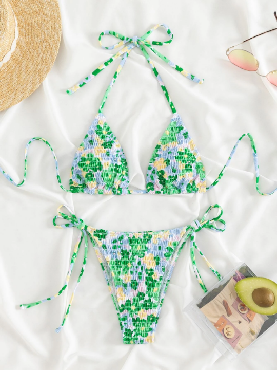 Random Floral Print Bikini Set Smocked Halter Triangle Bra Top & Tie Side Bikini Bottom 2 Piece Swimsuit