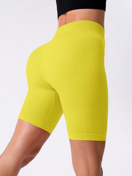Yoga Basic Solid Wideband Waist Ribbed Knit Biker Shorts