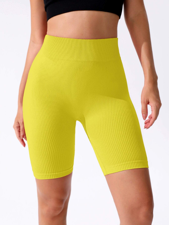 Yoga Basic Solid Wideband Waist Ribbed Knit Biker Shorts