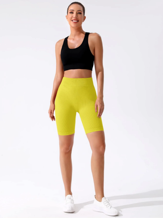 Yoga Basic Solid Wideband Waist Ribbed Knit Biker Shorts