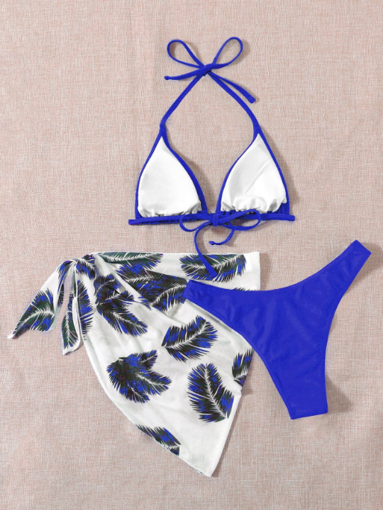 Swim Vcay Halter Triangle Bikini Swimsuit With Tropical Print Beach Skirt