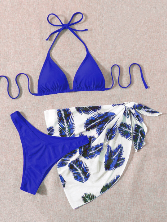 Swim Vcay Halter Triangle Bikini Swimsuit With Tropical Print Beach Skirt