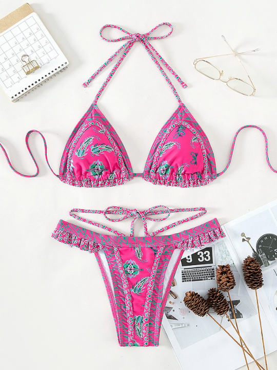 Swim BohoFeel Paisley Print Frill Trim Halter Triangle Bikini Swimsuit