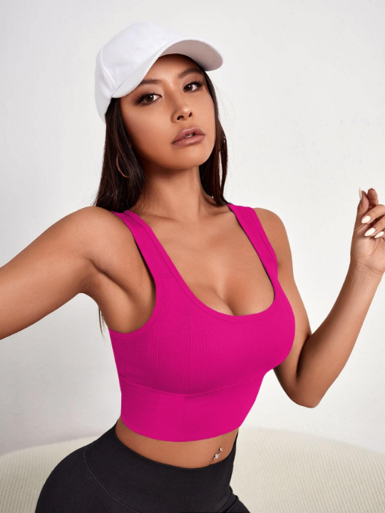 Yoga Basic Solid Ribbed Knit Sports Bra