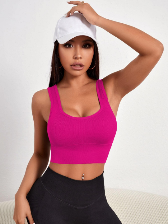 Yoga Basic Solid Ribbed Knit Sports Bra