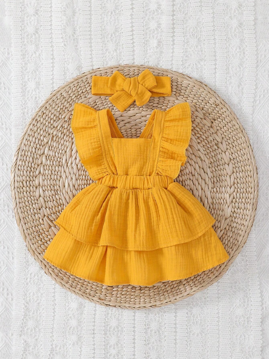 Baby Girl Newborn Ruffle Trim Layer Hem Dress With Accessory Headband