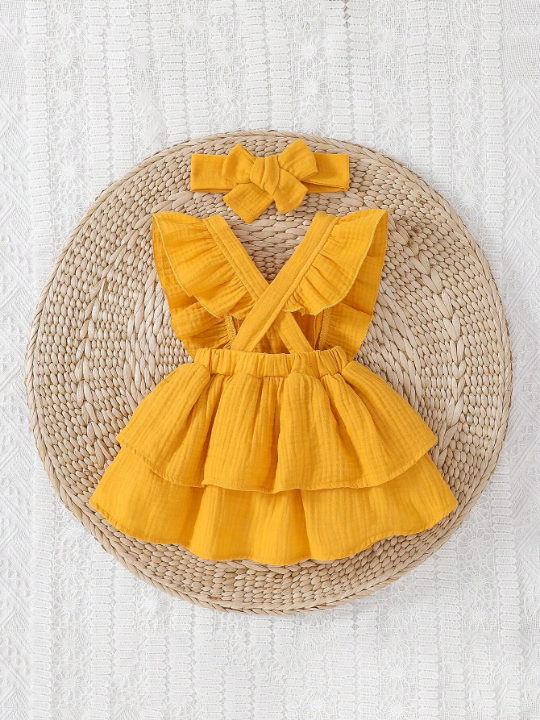 Baby Girl Newborn Ruffle Trim Layer Hem Dress With Accessory Headband