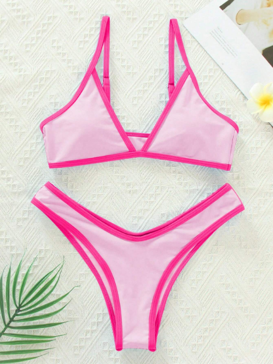 Swim Vcay Binding Trim Bikini Set Triangle Bra & High Cut Bottom 2 Piece Swimsuit