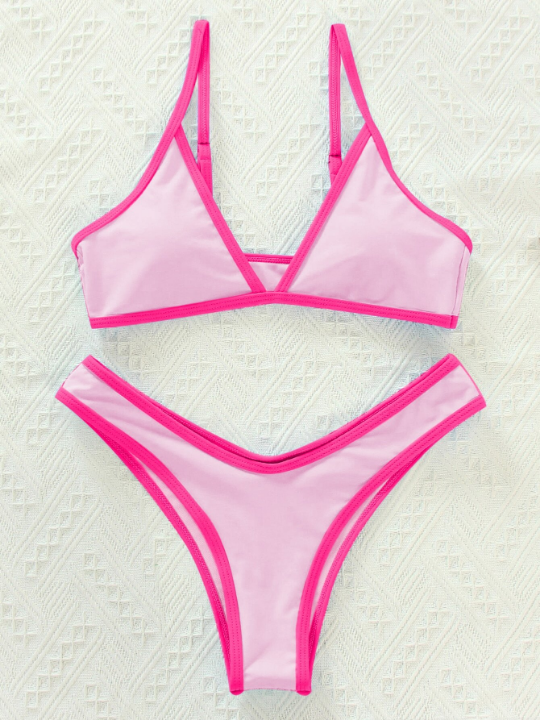 Swim Vcay Binding Trim Bikini Set Triangle Bra & High Cut Bottom 2 Piece Swimsuit