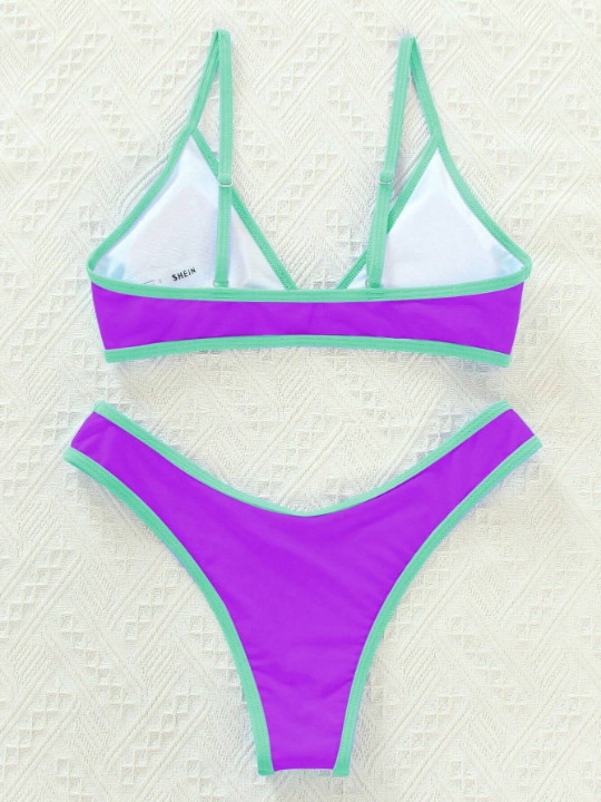 Contrast Binding Triangle Bikini Swimsuit