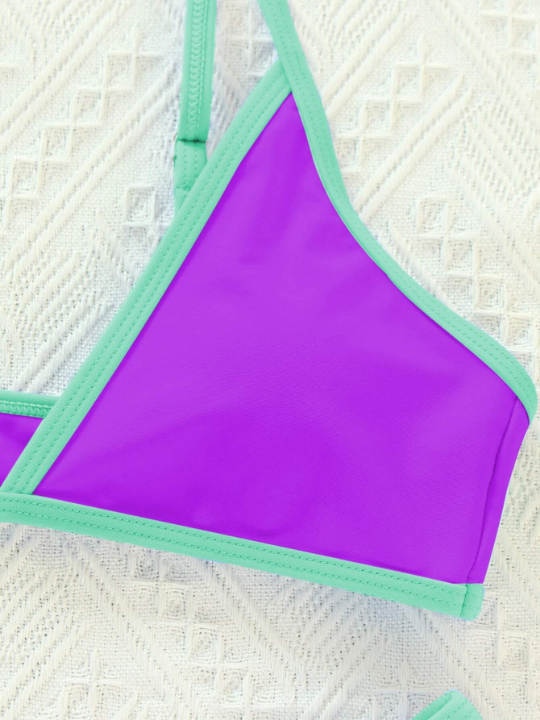 Contrast Binding Triangle Bikini Swimsuit