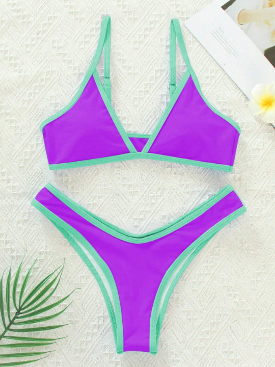 Contrast Binding Triangle Bikini Swimsuit