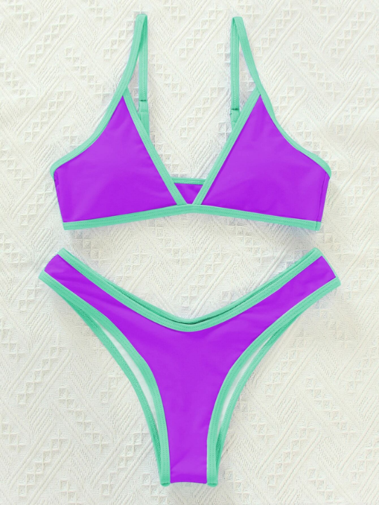 Contrast Binding Triangle Bikini Swimsuit