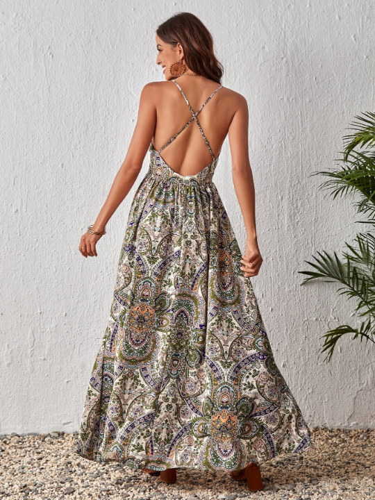 VCAY Paisley Print Criss Cross Backless Cami Dress