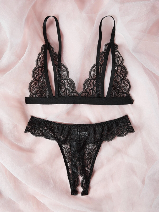 Floral Lace Scallop Trim Lingerie Set