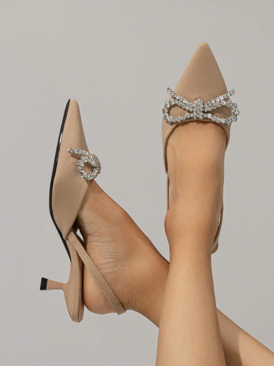 Glamorous Slingback Pumps For Women, Rhinestone & Bow Decor Kitten Heeled Pumps