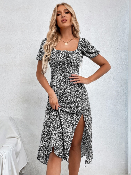 Priv Ditsy Floral Print Knot Front Split Thigh Dress