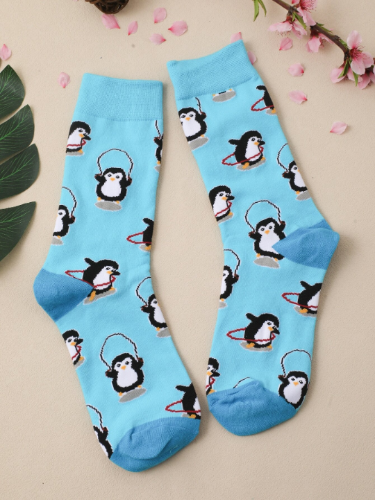 1pair Women Cartoon Penguin Pattern Cute Crew Socks For Daily Life