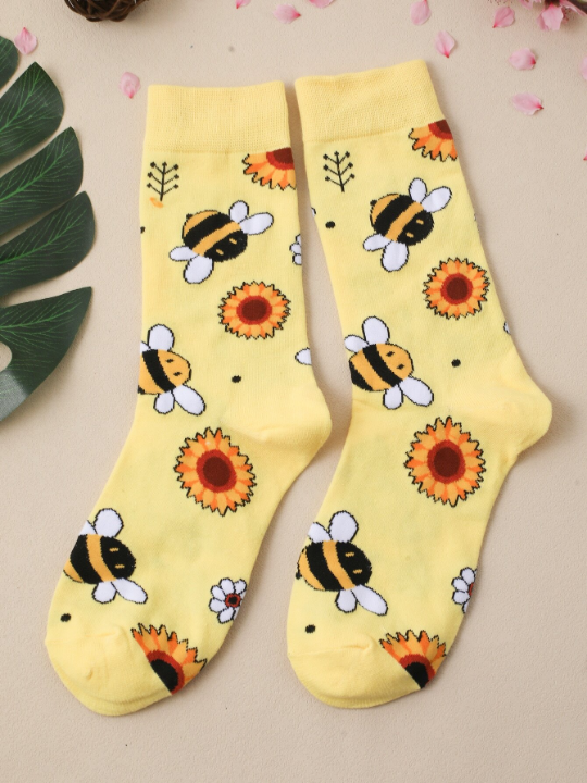 1pair Women Cartoon Sunflower & Bee Pattern Cute Crew Socks For Daily Life