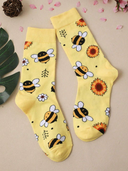 1pair Women Cartoon Sunflower & Bee Pattern Cute Crew Socks For Daily Life