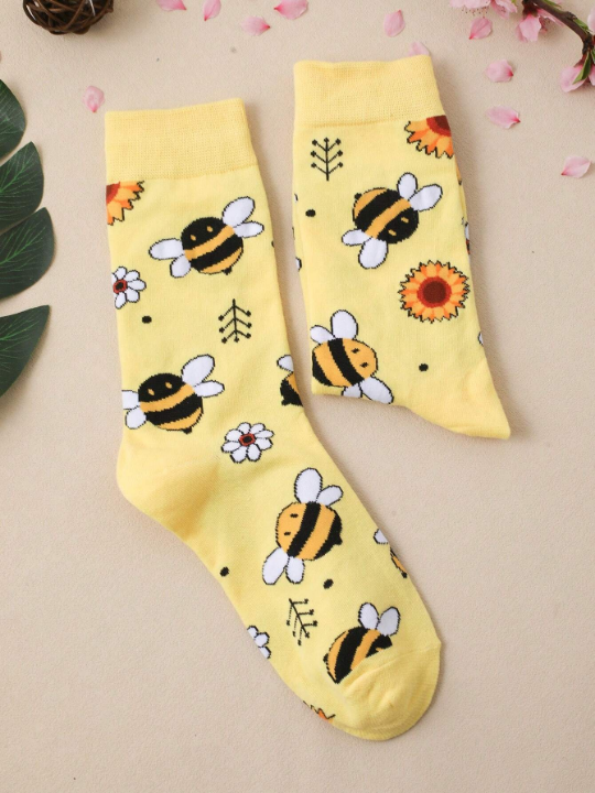 1pair Women Cartoon Sunflower & Bee Pattern Cute Crew Socks For Daily Life